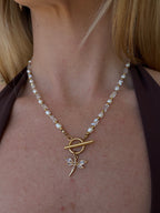 Aurelia Necklace with spring ring clasp featuring glass crystals, freshwater pearls and gold spacer beads