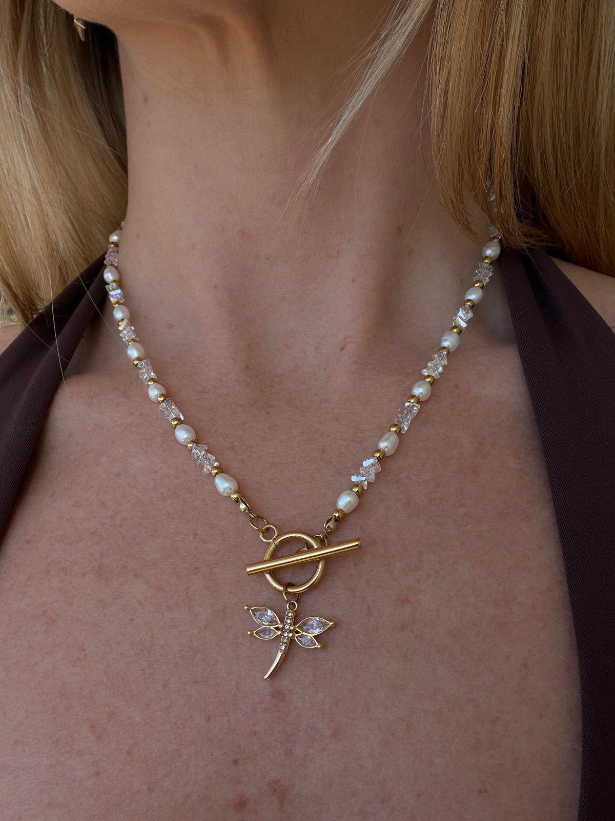 Aurelia Necklace with spring ring clasp featuring glass crystals, freshwater pearls and gold spacer beads