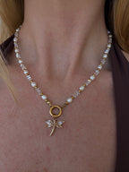 Aurelia Necklace with OT toggle clasp featuring glass crystals, freshwater pearls and gold spacer beads