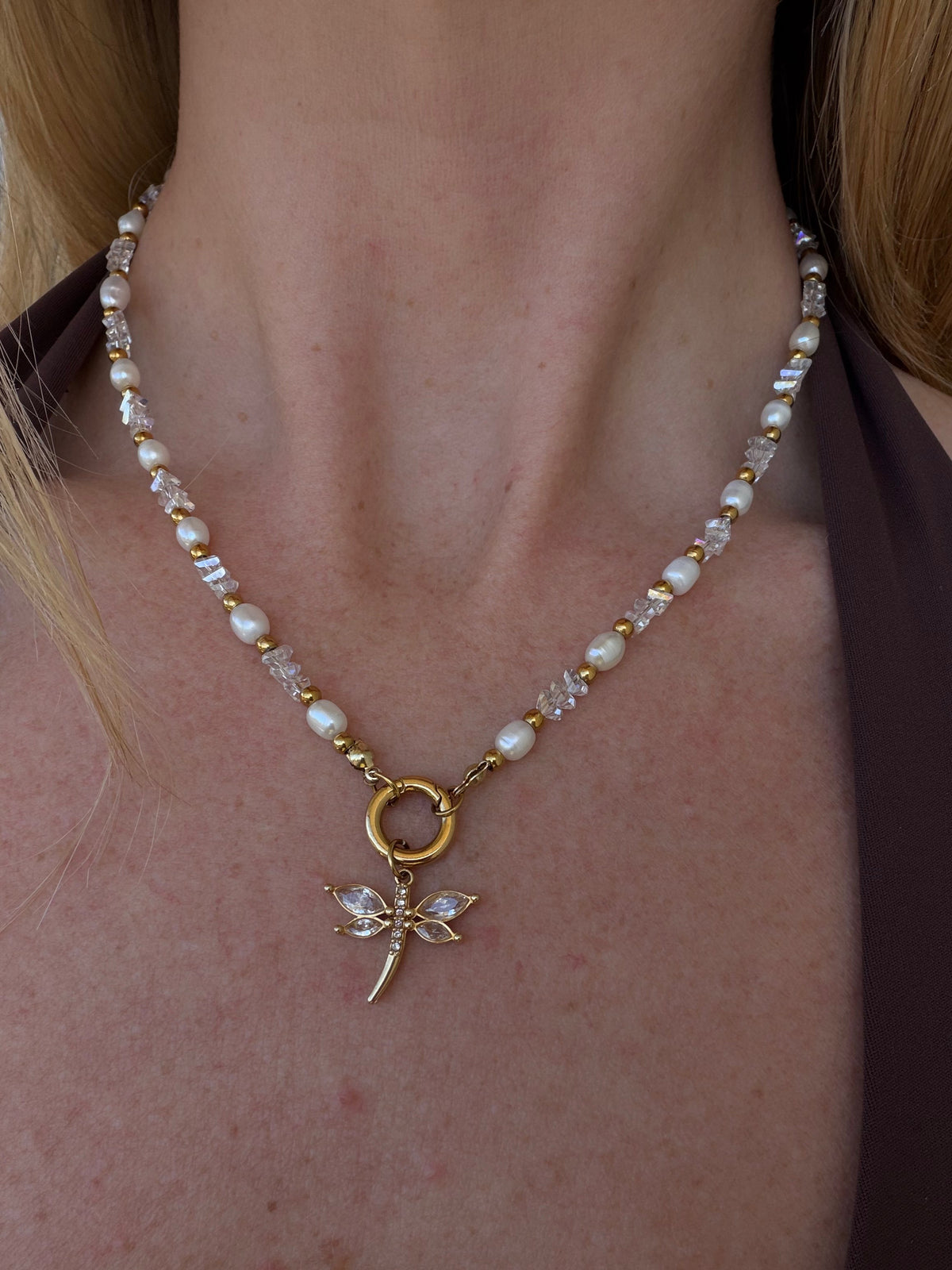 Aurelia Necklace with OT toggle clasp featuring glass crystals, freshwater pearls and gold spacer beads