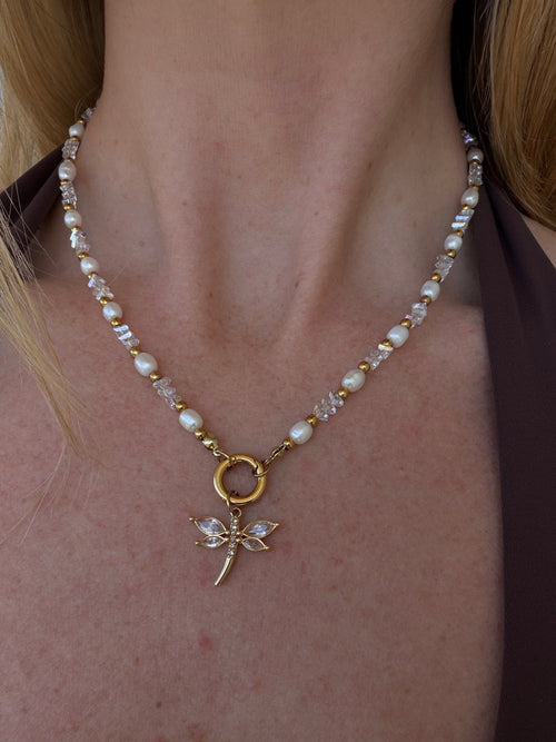 Aurelia Necklace with OT toggle clasp featuring glass crystals, freshwater pearls and gold spacer beads
