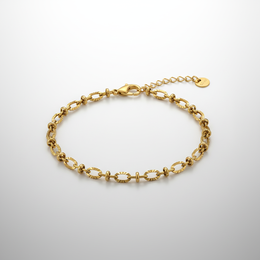 Circle Link Bracelet - Gold chain bracelet with oval links angled view