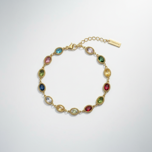 Gemstone Bracelet - Colorful multi-stone gold bracelet overhead view