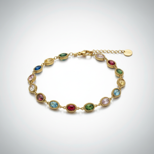 Gemstone Bracelet - Colorful multi-stone gold bracelet angled view showing gemstone detail