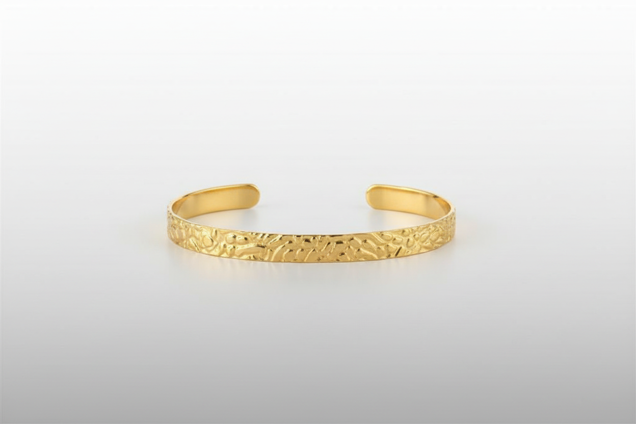 Textured Bangle - Gold ornate floral bangle side profile view